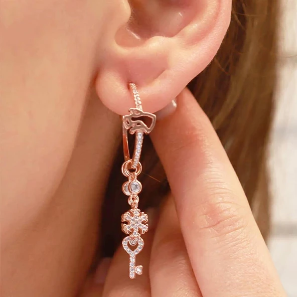 Melek Figürlü Rose Gold Kaplama Gümüş Charm Küpe - Resim 2