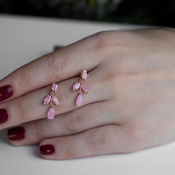 Doğal Taş Yaprak Model Rose Kaplama Gümüş Küpe - Resim 2