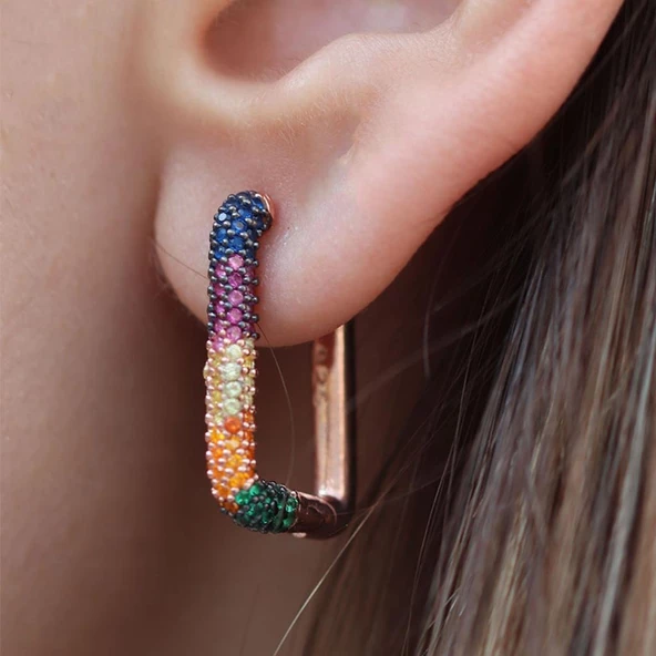 Renkli Zirkon Taşlı Dörtgen Rose Gold Kaplama Gümüş Küpe - Resim 2