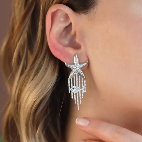 Deniz Yıldızı Zirkon Taşlı Tasarım Gümüş Küpe ürün görseli 1