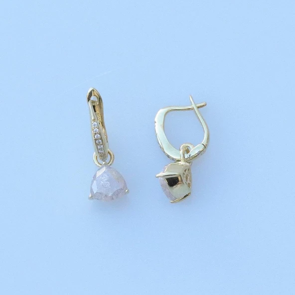 Beyaz Kuvars Taşlı Gold Kaplama Damla Gümüş Küpe - Resim 2