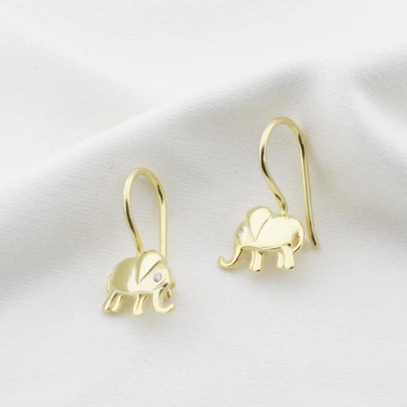 Zirkon Taşlı Fil Figürlü Gold Kaplama Gümüş Çocuk Küpesi - Resim 2