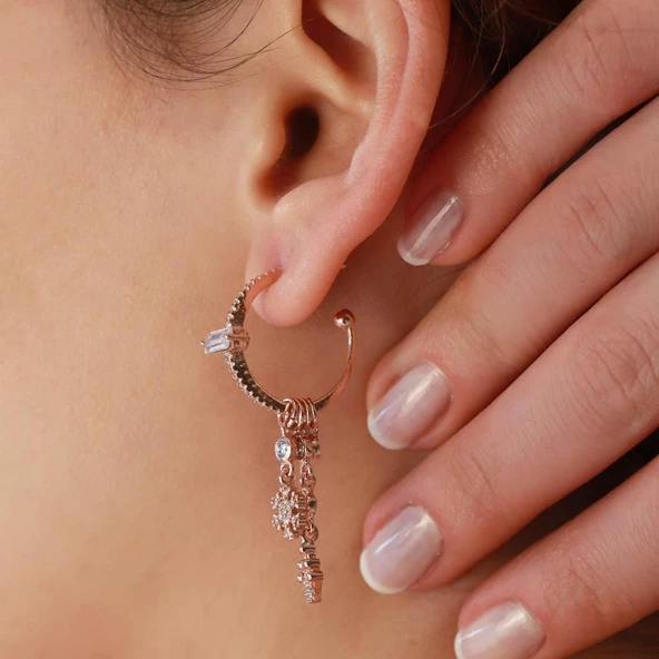 Kral Tacı Figürlü Rose Gold Kaplama Gümüş Charm Küpe - Resim 2