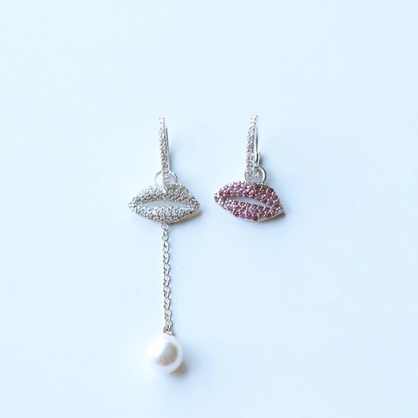 Pembe Zirkon Taşlı Dudak Figürlü Sallantılı İnci Gümüş Küpe - Resim 4