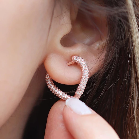 3 Boyutlu Kalp Rose Gold Kaplama Gümüş Küpe ürün görseli 1