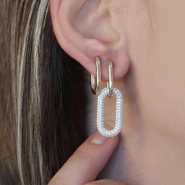 Apm Monaco Modeli Beyaz Zirkon Taşlı Gold Kaplama Gümüş Küpe - Resim 2