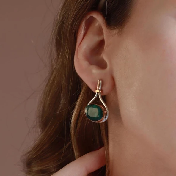 Kök Zümrüt Taşlı El İşi Otantik 925 Ayar Gümüş Küpe - Resim 2