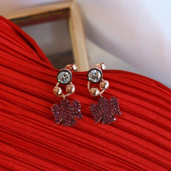 Fuşya Zirkon Taşlı Mini Melek Figürlü Rose Gold Kaplama Gümüş Küpe - Resim 2