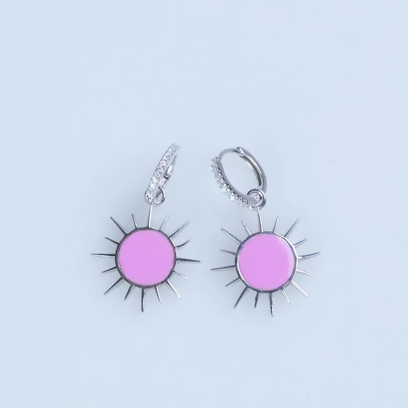 Pembe Mine İşli Güneş Gümüş Küpe - Resim 3