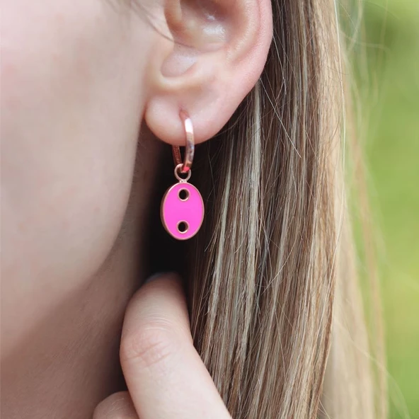 Mine İşli Neon Pembe Rose Gold Kaplama Gümüş Düğme Küpe ürün görseli 1