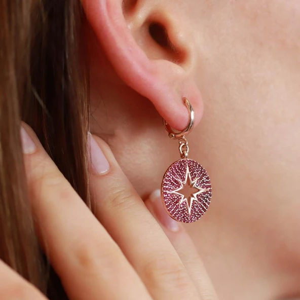 Fuşya Zirkon Taşlı Kutup Yıldızı Yuvarlak Rose Gold Kaplama Gümüş Küpe - Resim 2