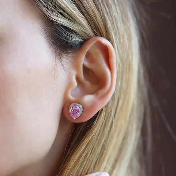 Damla Pembe Kuvars Taşlı Gümüş Küpe - Resim 4