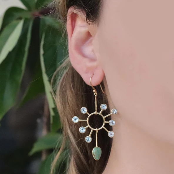 Aventurin Taşlı Gold Kaplama Doğal Taş Gümüş Küpe - Resim 3