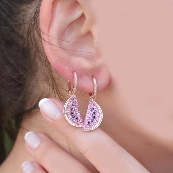 Zirkon Taşlı Rose Gold Kaplama Karpuz Gümüş Küpe - Resim 3