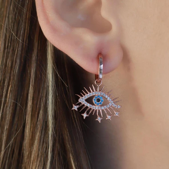 Zirkon Taşlı Göz Modeli Rose Gold Kaplama Gümüş Küpe ürün görseli 1