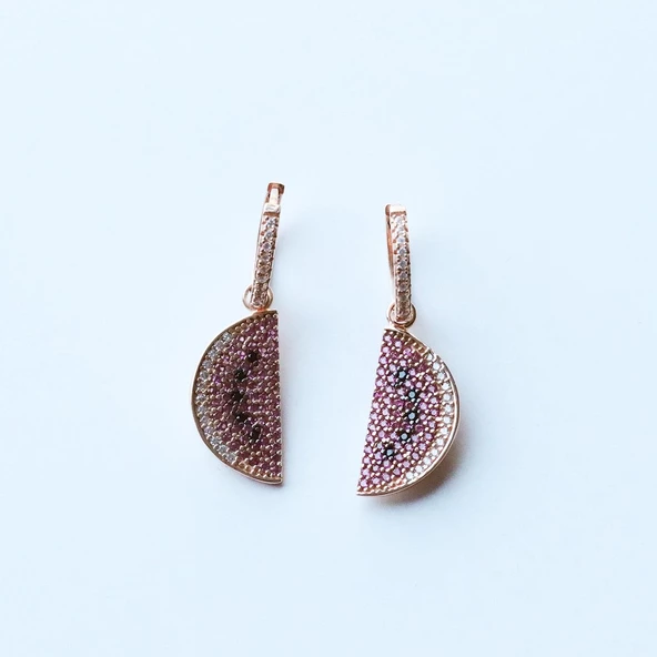 Zirkon Taşlı Rose Gold Kaplama Karpuz Gümüş Küpe - Resim 2
