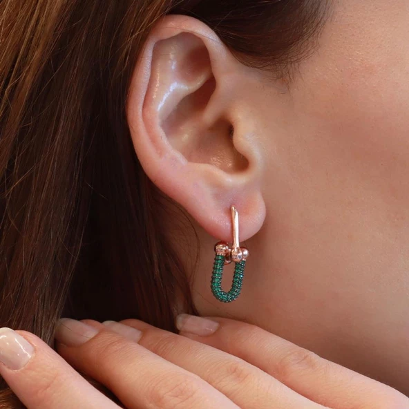 Yeşil Zirkon Taşlı Tif Model Rose Gold Kaplama Gümüş Küpe - Resim 3