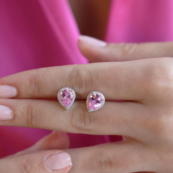 Damla Pembe Kuvars Taşlı Gümüş Küpe - Resim 2