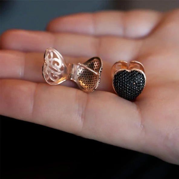 Siyah Zirkon Kalp Model 925 Ayar Gümüş Küpe - Resim 2