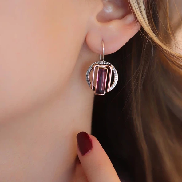 Lal Taşlı 925 Ayar Gümüş Otantik Tasarım Küpe ürün görseli 1