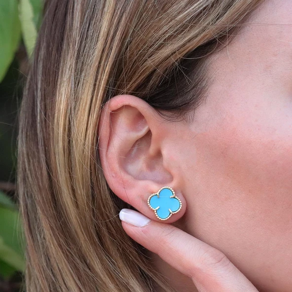 İkonik Alhambra Modeli Mavi Mine İşli Gold Kaplama Gümüş Küpe - Resim 2