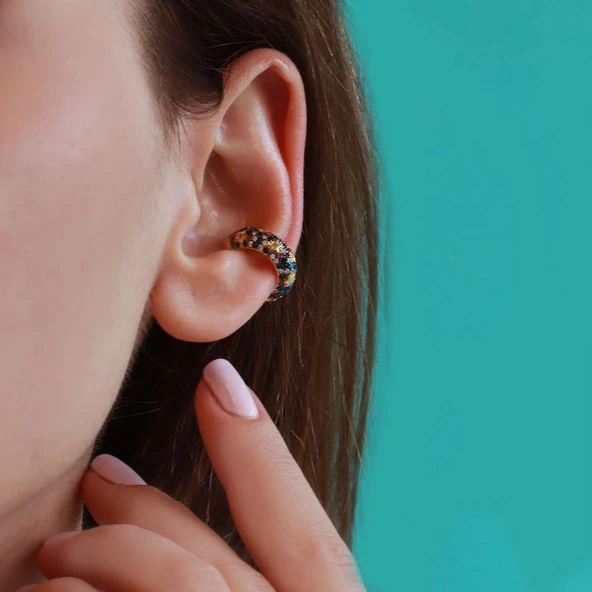 Gold Kaplama Renkli Zirkon Taşlı Gümüş Kıkırdak Küpe ürün görseli 1