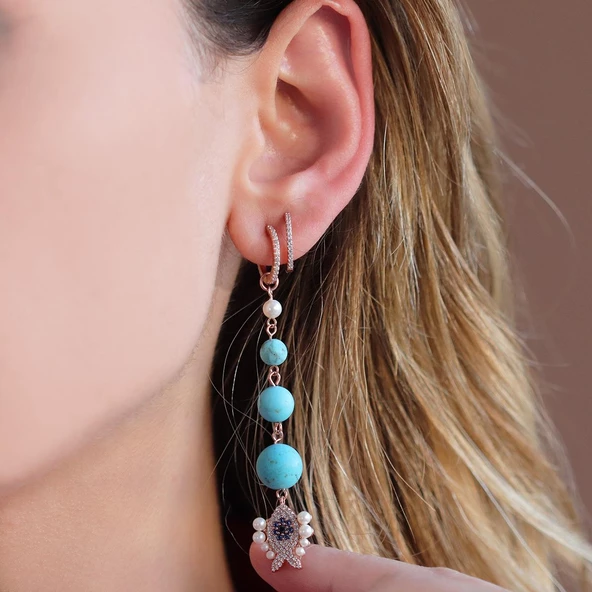 Turkuaz Taşlı İncili Balık Apm Model Rose Gold Kaplama Sallantı Gümüş Küpe
