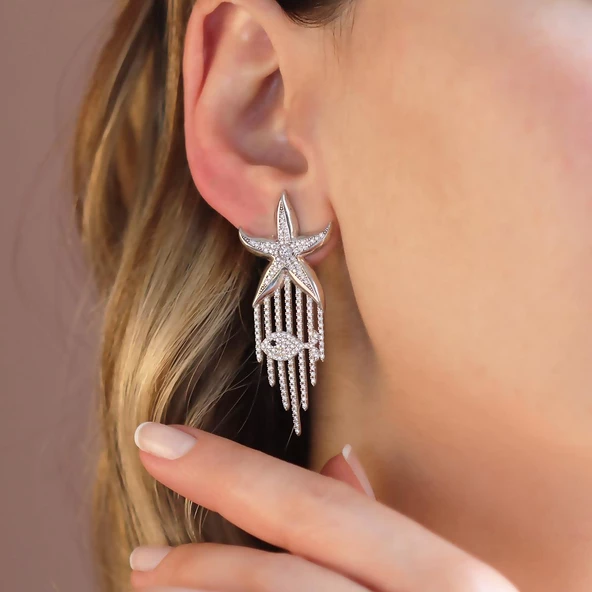 Deniz Yıldızı Zirkon Taşlı Tasarım Gümüş Küpe - Resim 3