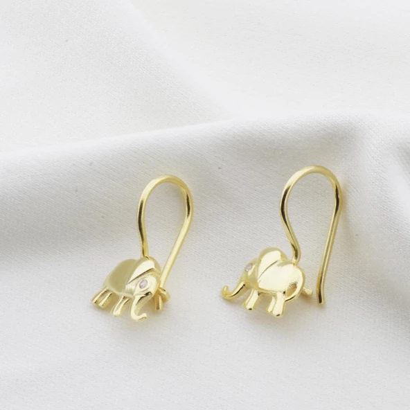 Zirkon Taşlı Fil Figürlü Gold Kaplama Gümüş Çocuk Küpesi - Resim 3