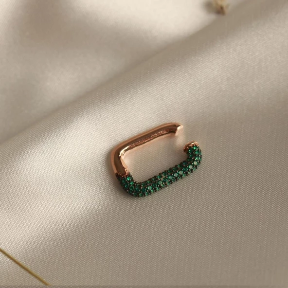 Dikdörtgen Yeşil Zirkon Taşlı Rose Gold Kaplama Gümüş Kıkırdak Küpe - Resim 3