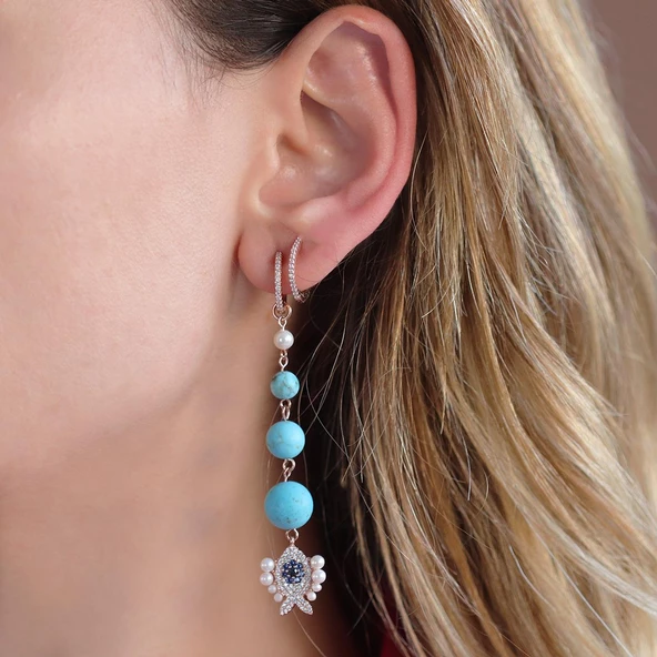 Turkuaz Taşlı İncili Balık Apm Model Rose Gold Kaplama Sallantı Gümüş Küpe - Resim 4