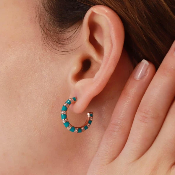 Yeşil Mine İşli Rose Gold Kaplama Gümüş Halka Küpe - Resim 2