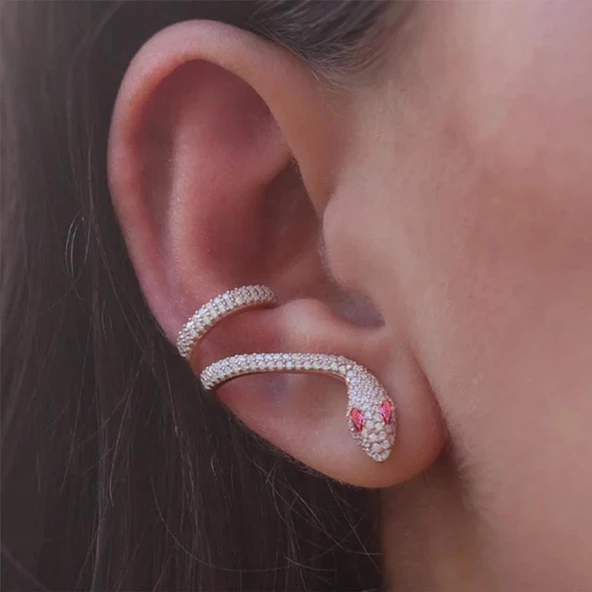 Kulağı Saran Rose Kaplama KırmızıTaş Detaylı Gümüş Kıkırdak Küpe ürün görseli 1