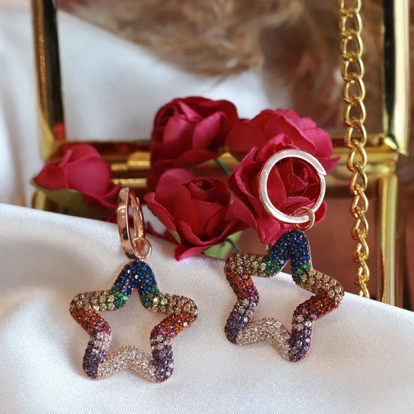 Renkli Zirkon Taşlı Rose Gold Kaplama Yıldız Gümüş Küpe - Resim 2