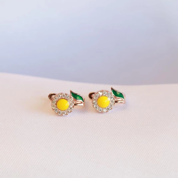Mine İşli Sarı Papatya Zirkon Taşlı Rose Gold Kaplama Gümüş Küpe - Resim 2