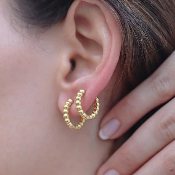 Sıralı Gold Kaplama Gümüş Halka Küpe - Resim 2