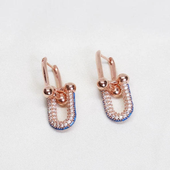 Tif Model Mavi DetayZirkon Taşlı Rose Gold Kaplama Gümüş Küpe - Resim 3