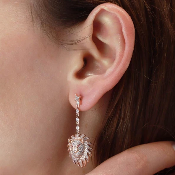 Aslan Başlı Zirkon Taşlı Rose Gold Kaplama Gümüş Küpe - Resim 3