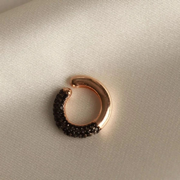 Yuvarlak Siyah Zirkon Taşlı Rose Gold Kaplama Gümüş Kıkırdak Küpe - Resim 2