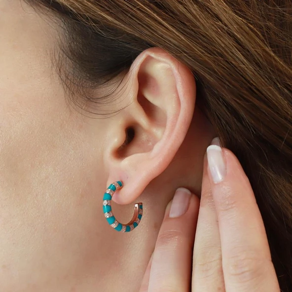 Yeşil Mine İşli Rose Gold Kaplama Gümüş Halka Küpe - Resim 3