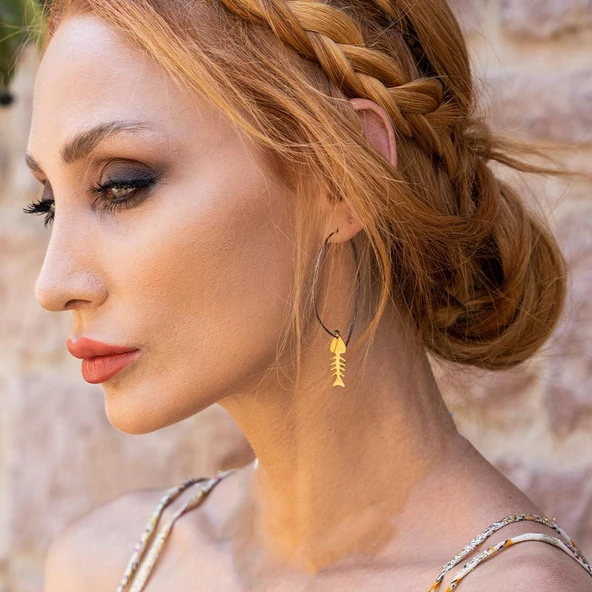 Gold Kaplama Balıklı El İşi Otantik Halka Gümüş Küpe - Resim 2