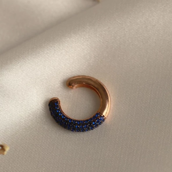 Yuvarlak Mavi Zirkon Taşlı Rose Gold Kaplama Gümüş Kıkırdak Küpe - Resim 2