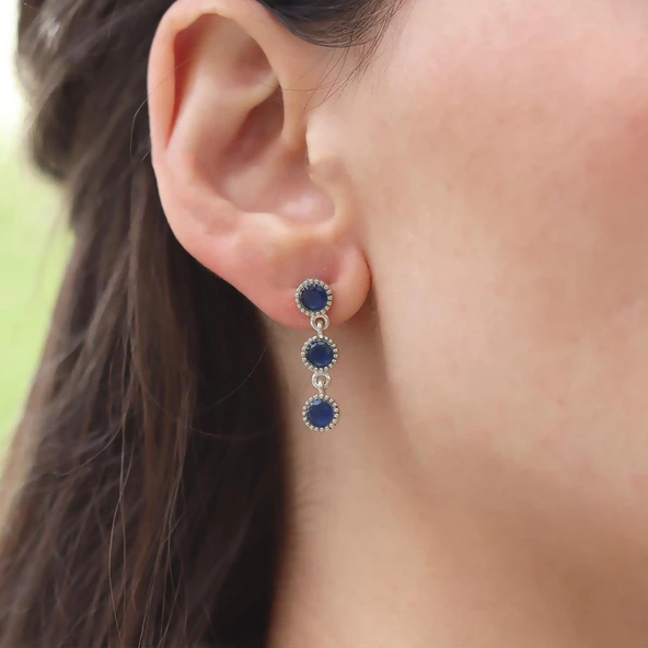 Kök Safir Taşlı Otantik Gümüş Küpe - Resim 2