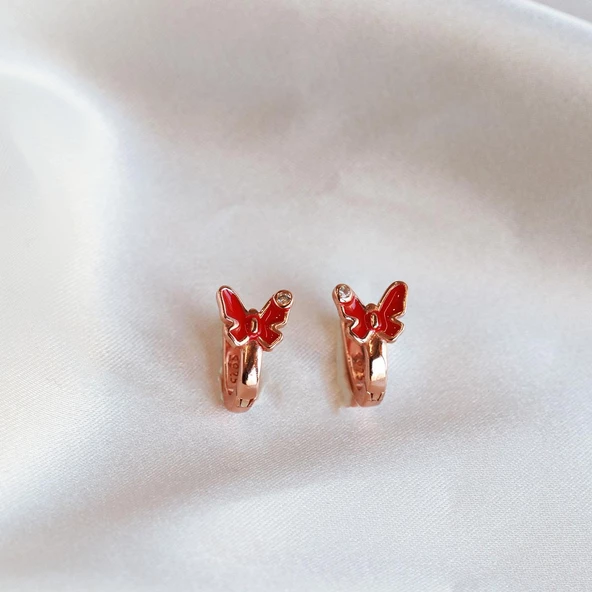 Kırmızı Kelebek Model Mini Zirkon Taşlı Rose Gold Kaplama Gümüş Çocuk Küpesi - Resim 2