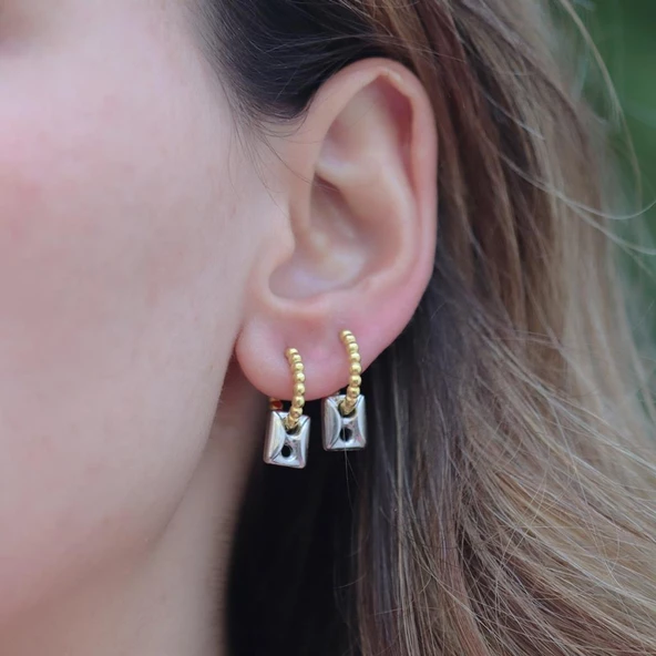 Sıralı 2 Renkli Dikdörtgen Düğme Gümüş Küpe - Resim 2