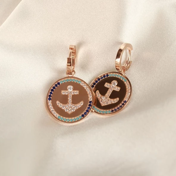 Denizci Çapası Zirkon Taşlı Rose Gold Kaplama Gümüş Küpe - Resim 3