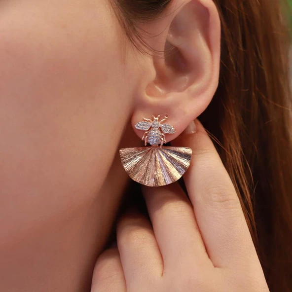 Arı Rose Gold Kaplama Gümüş Küpe - Resim 2