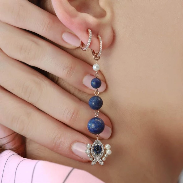 Lapis Taşlı İncili Balık Apm Model Rose Gold Kaplama Sallantı Gümüş Küpe - Resim 2