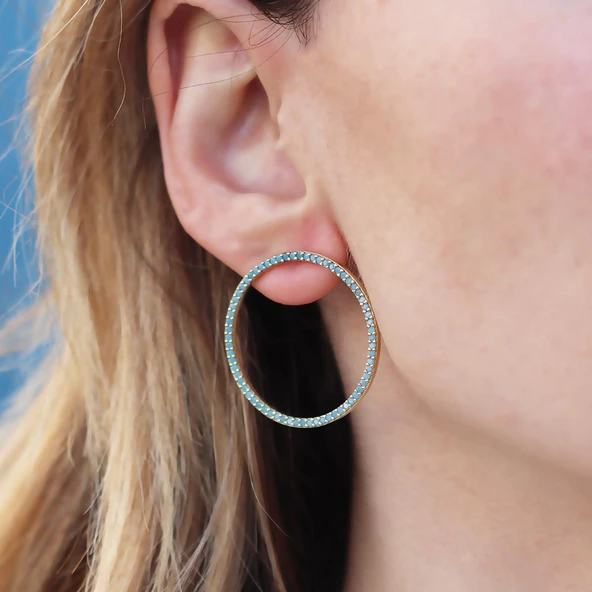 Hula Hoop Turkuaz Taşlı Gold Kaplama Gümüş Küpe - Resim 3