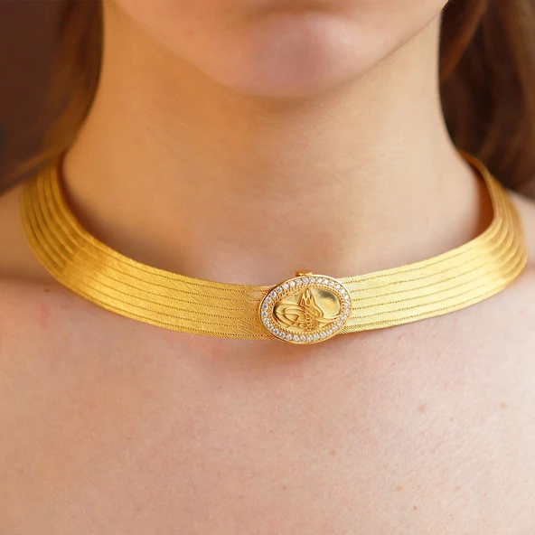 925 Ayar Gümüş Üzeri Gold Kaplama Osmanlı Tuğralı 7 Sıra Gümüş Trabzon Gerdanlık - Resim 4